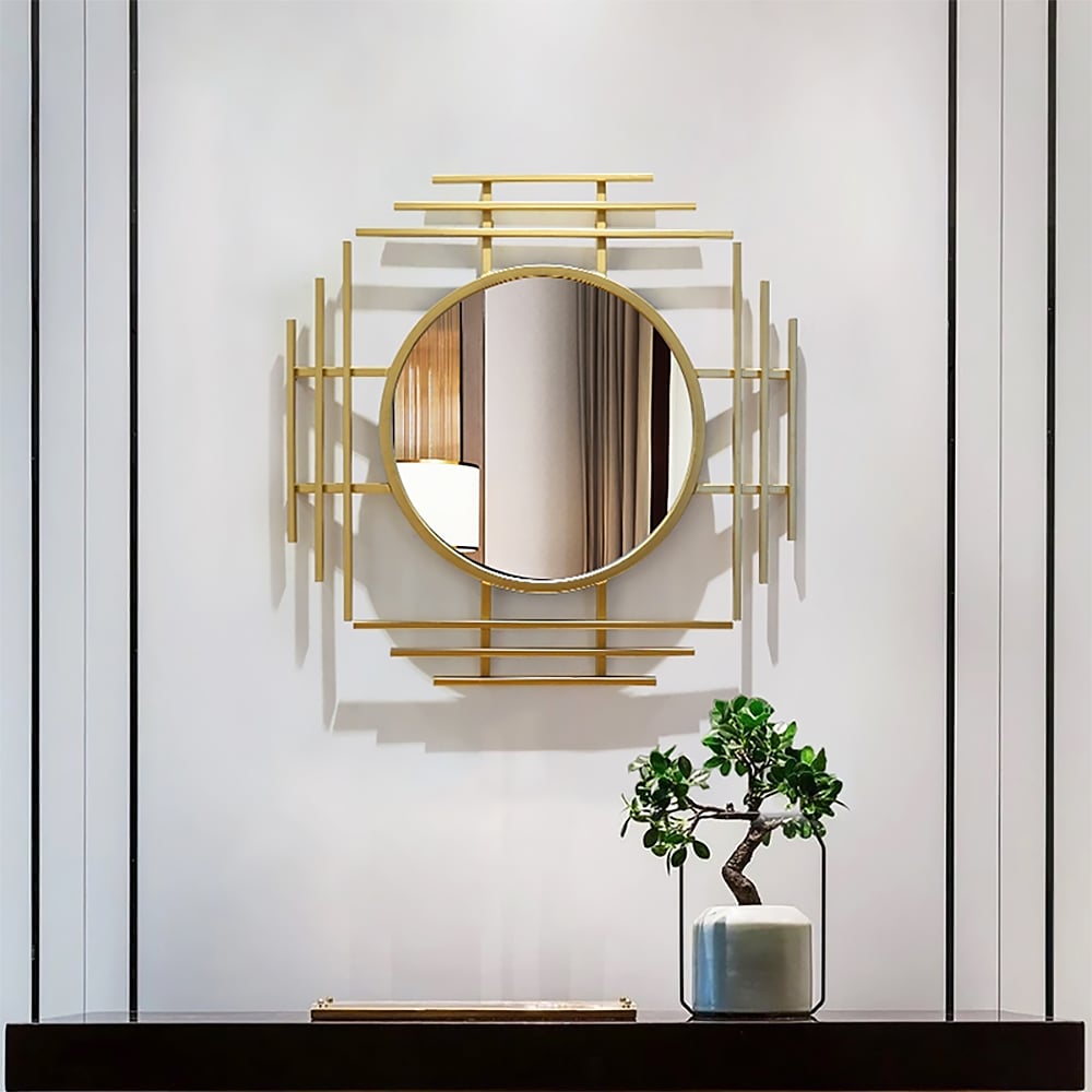 Geometric Sunburst Round Bathroom Mirror with Gold Finish