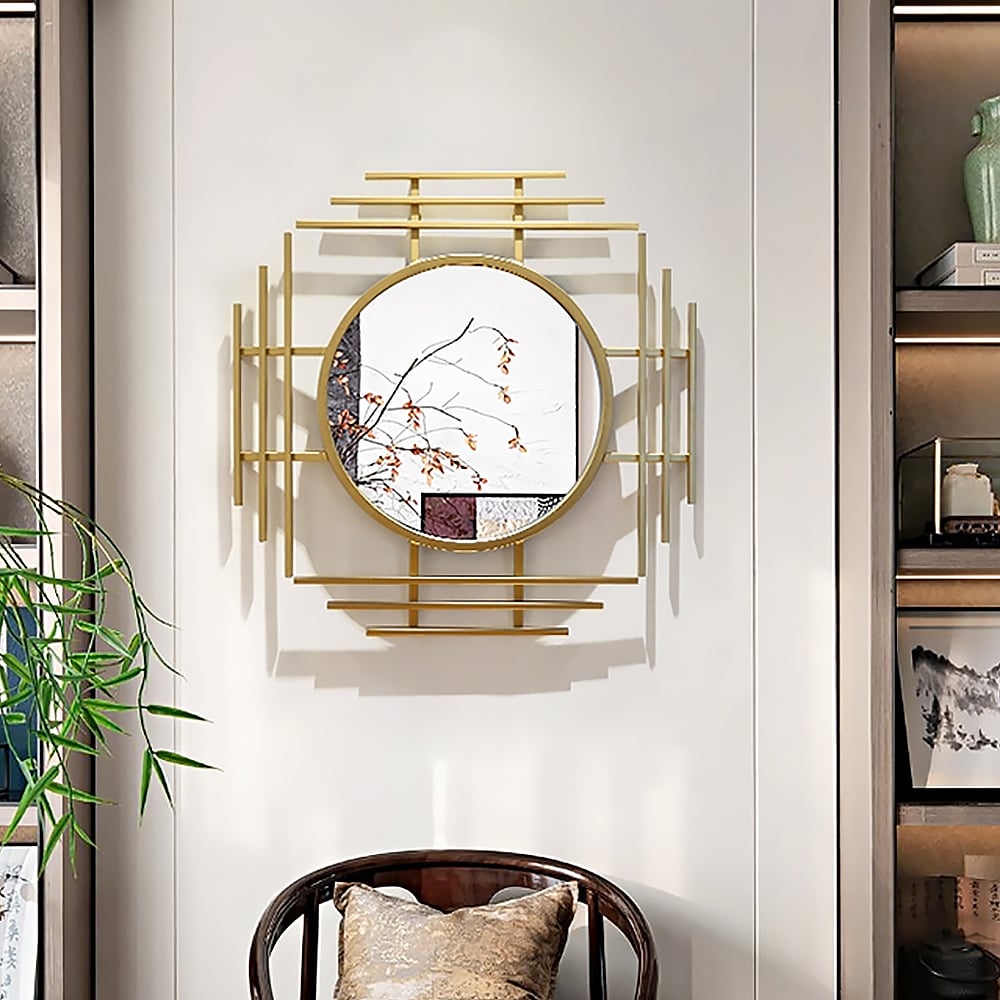 Geometric Sunburst Round Bathroom Mirror with Gold Finish