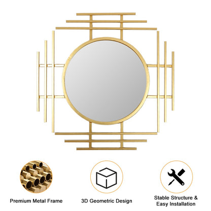 Geometric Sunburst Round Bathroom Mirror with Gold Finish