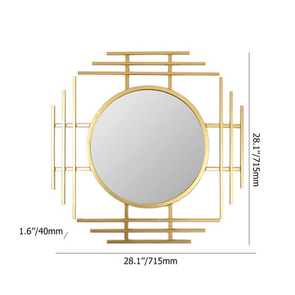 Geometric Sunburst Round Bathroom Mirror with Gold Finish