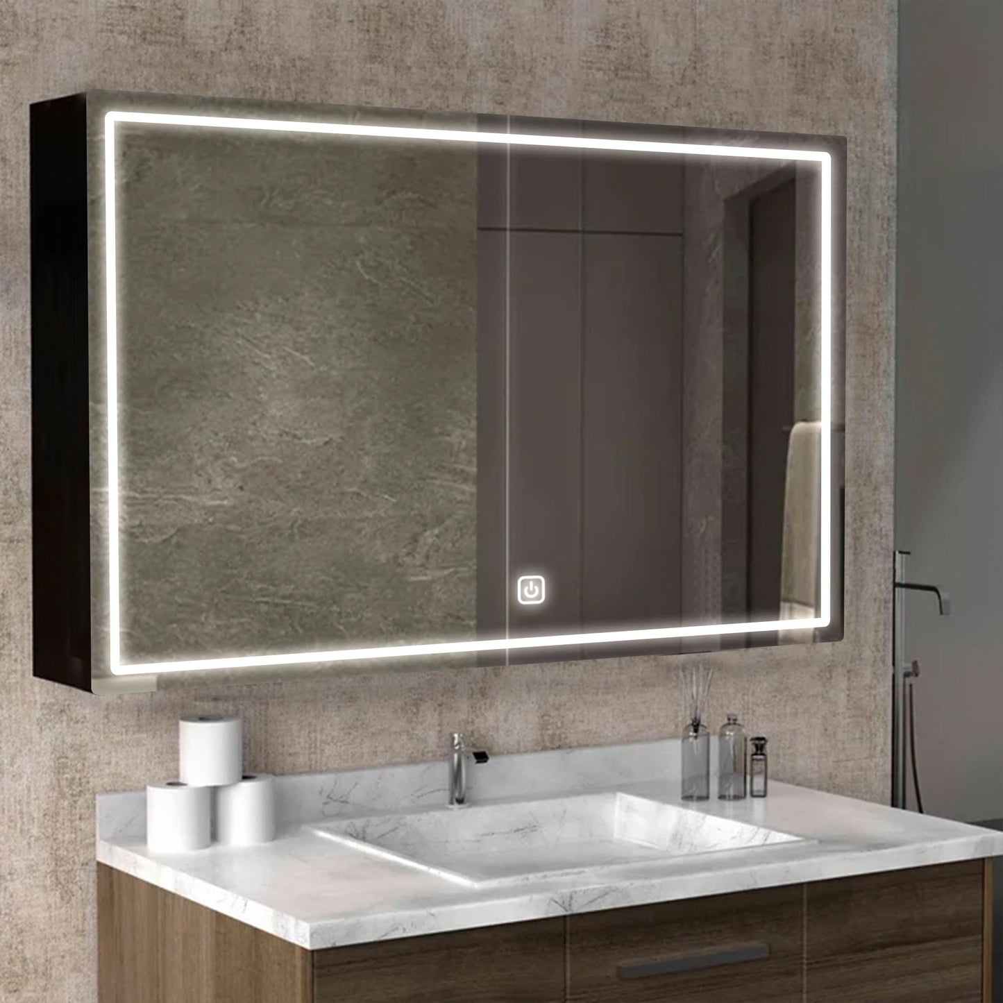 Wide Storage Mirror Cabinet with Built-in Lighting