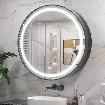 Modern Circular LED Bathroom Mirror with Hidden Cabinet