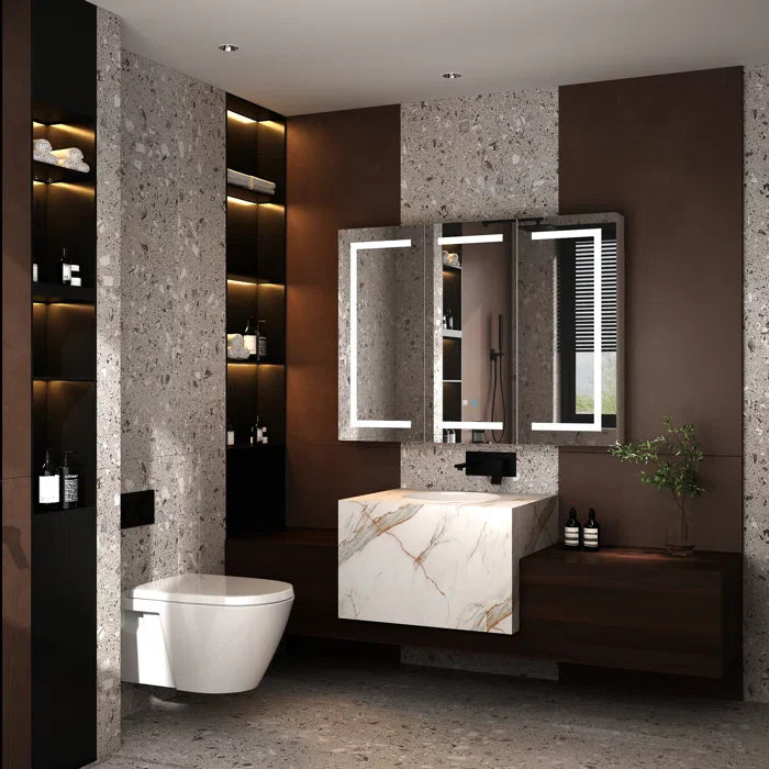 Sleek LED Mirror Cabinet with Tri-Fold Doors and Interior Storage