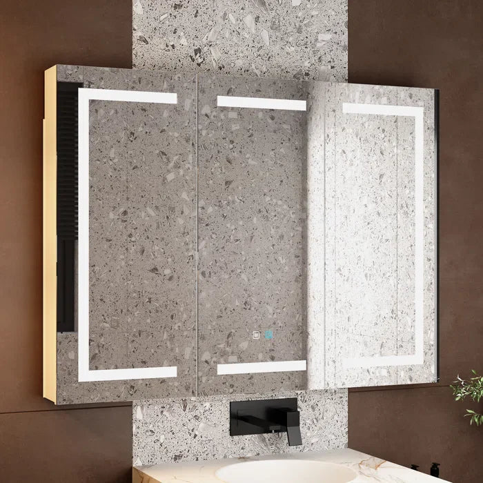 Sleek LED Mirror Cabinet with Tri-Fold Doors and Interior Storage