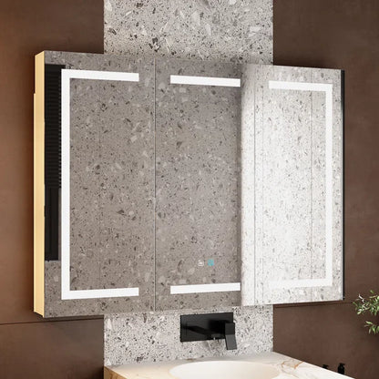 Sleek LED Mirror Cabinet with Tri-Fold Doors and Interior Storage