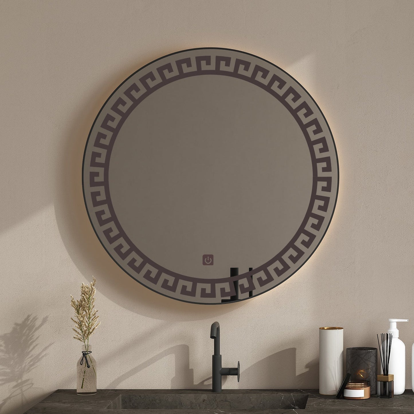Beautiful Greek Key Motif Designer LED Round Shape Bathroom Mirror