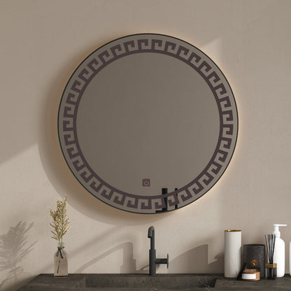Beautiful Greek Key Motif Designer LED Round Shape Bathroom Mirror
