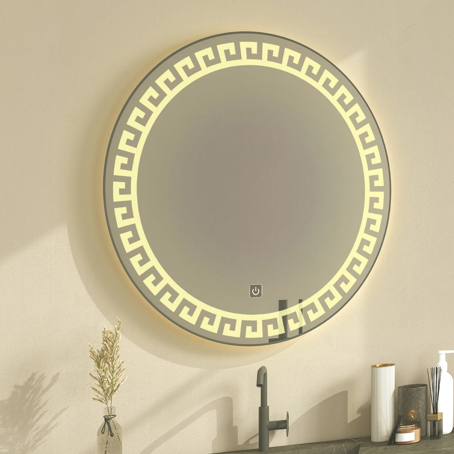 Beautiful Greek Key Motif Designer LED Round Shape Bathroom Mirror
