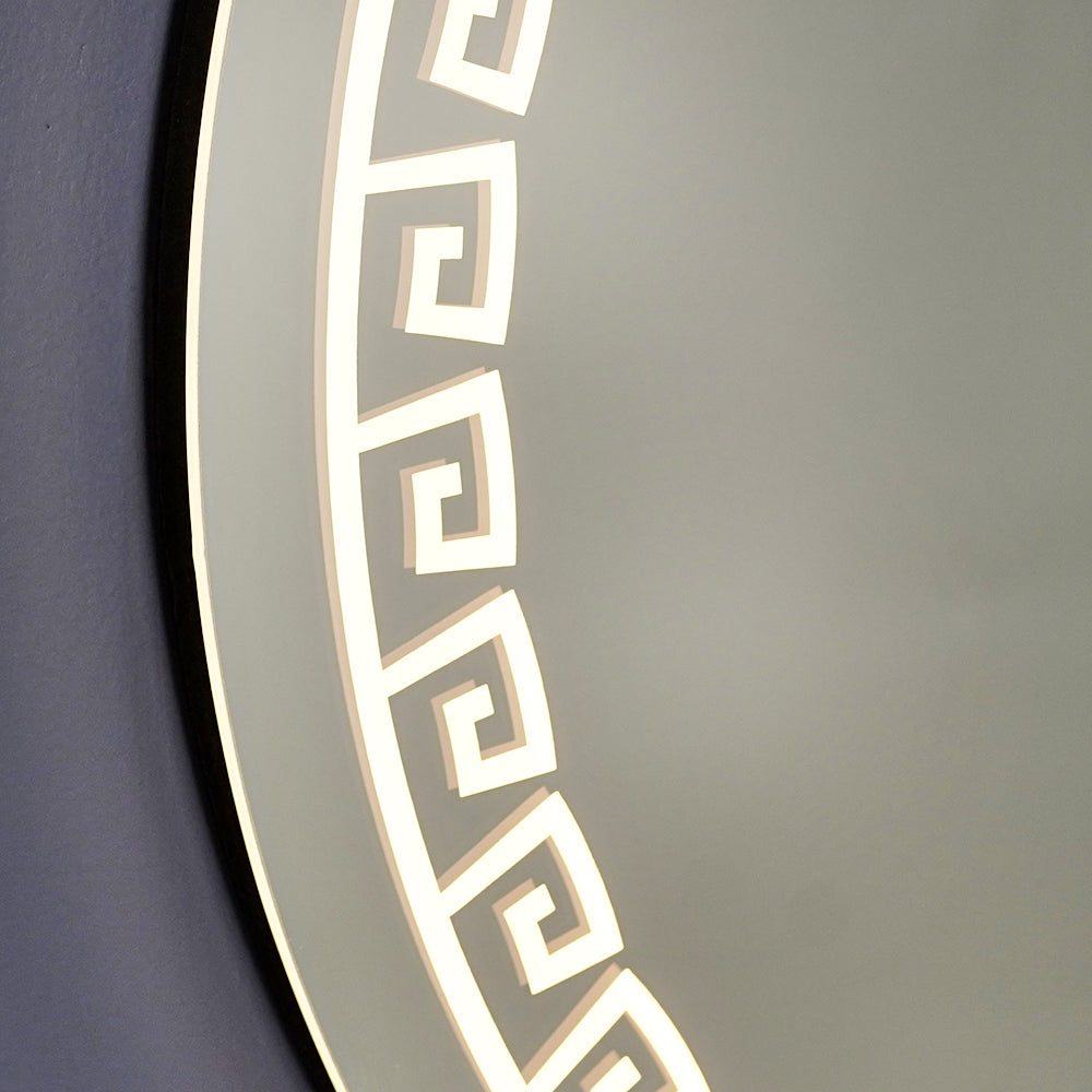 Beautiful Greek Key Motif LED Round Shape Bathroom Mirror
