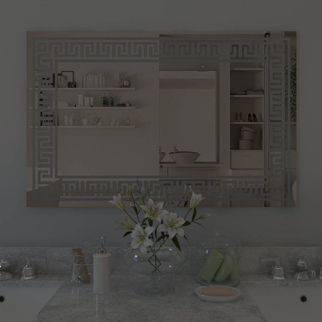 Designer Greek Key Motif LED Rectangular Bathroom Mirror
