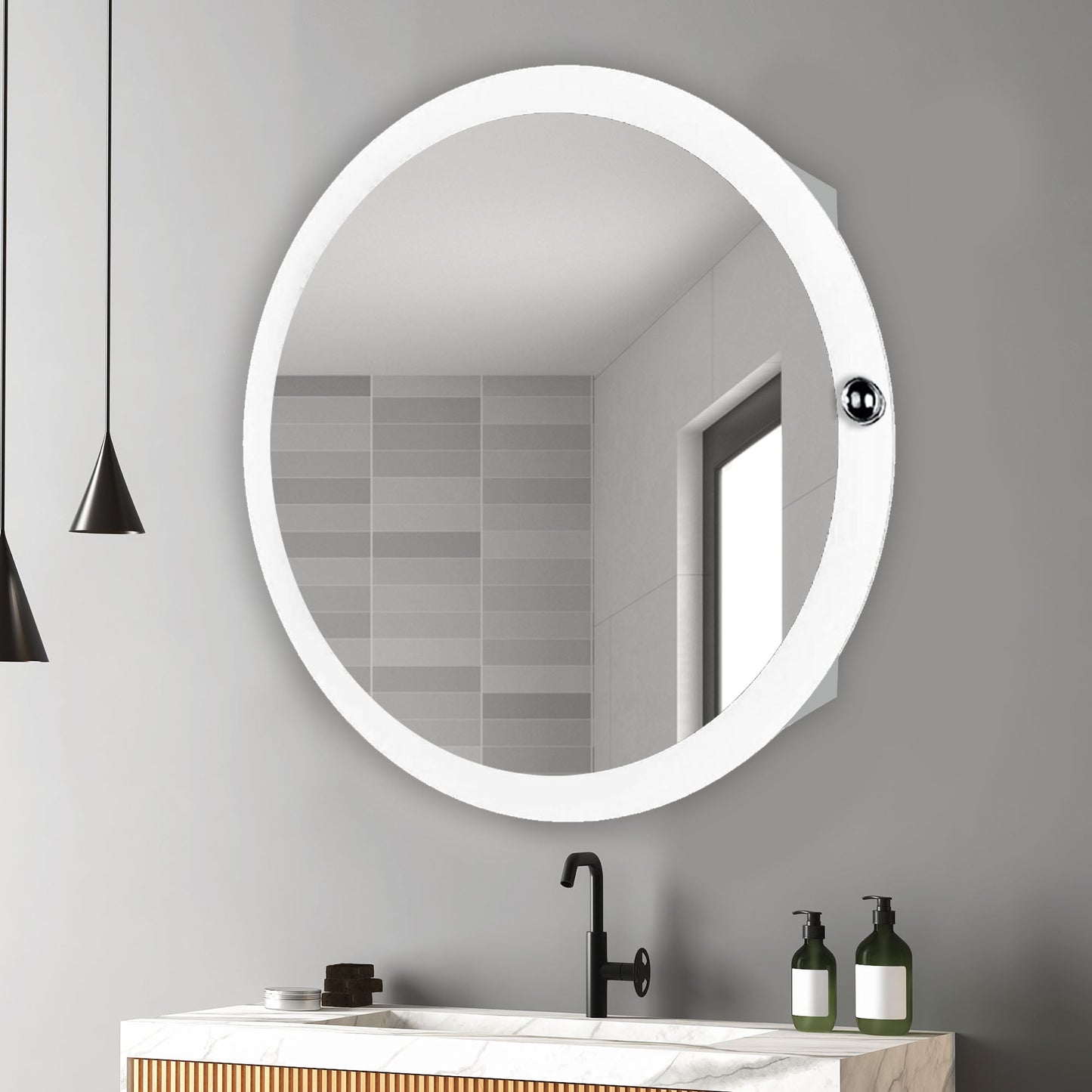 Modish Circular Wooden Bathroom Cabinet Mirror with 2 Spacious Shelves with White Finish