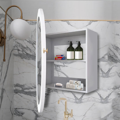 Modish Circular Wooden Bathroom Cabinet Mirror with 2 Spacious Shelves with White Finish