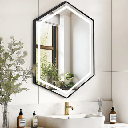 Wall-Mounted Hexagon Mirror with LED Light and Storage Shelves