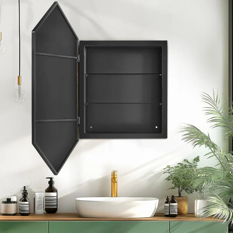 Wall-Mounted Hexagon Mirror with LED Light and Storage Shelves